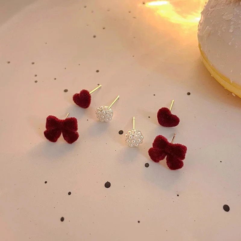 银针耳饰 红色蝴蝶结耳钉女秋冬季丝绒高级感耳环新款爆款5315