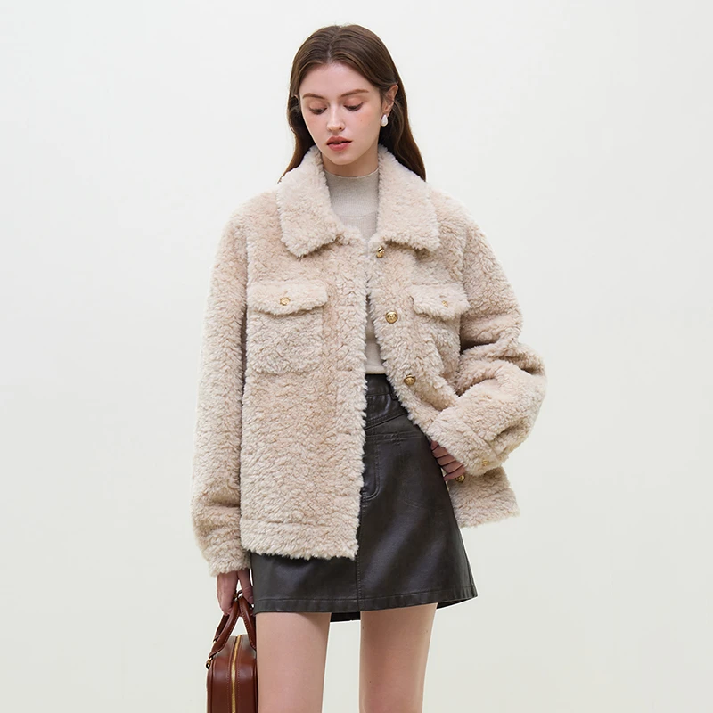 范思蓝恩颗粒绒翻领短外套冬装宽松复古慵懒羊羔绒外套23FS14681