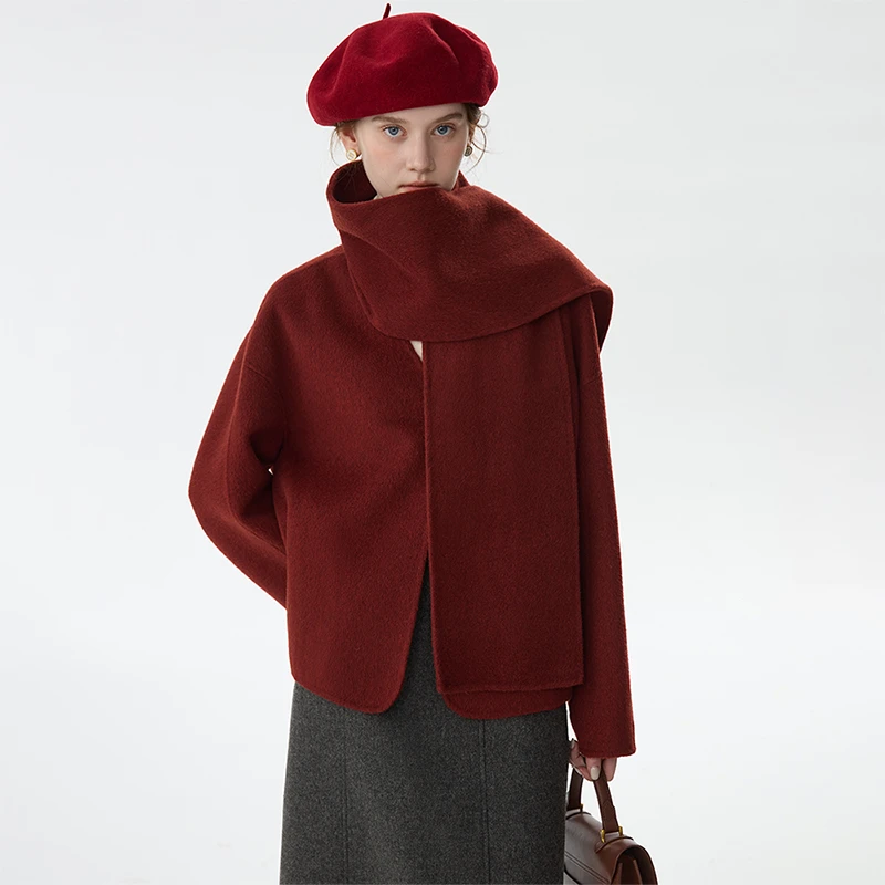 范思蓝恩简约气质V领全羊毛大衣冬2024新款双面呢外套24FS14222