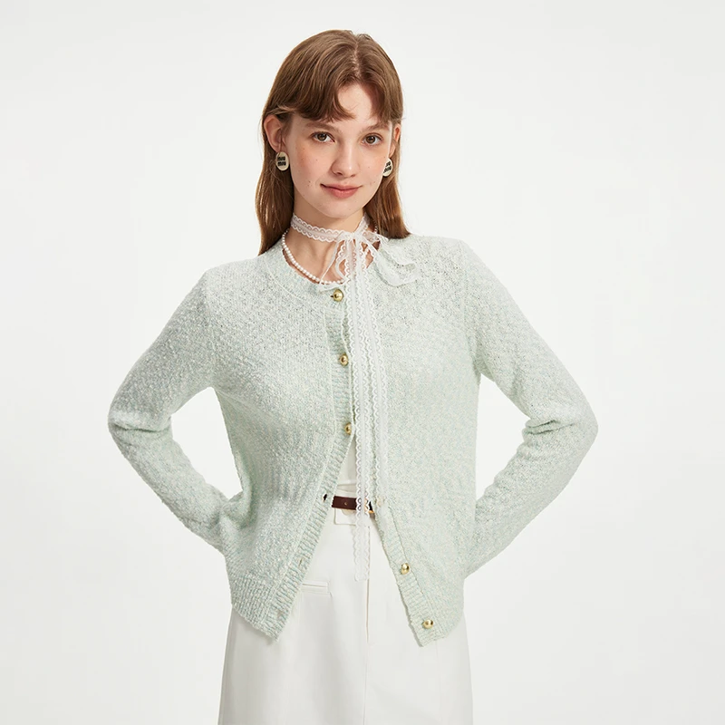 范思蓝恩秋装2024新款法式气质花纱圆领长袖针织开衫24FS13141