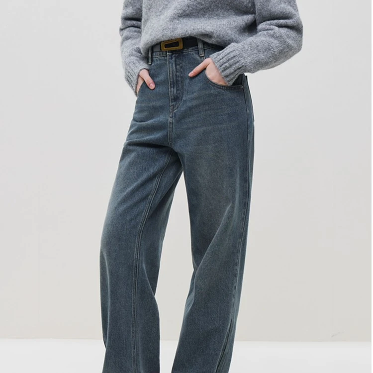 范思蓝恩 复古阔腿裤女秋冬直筒高腰宽松加绒裤子23FS14367/14509