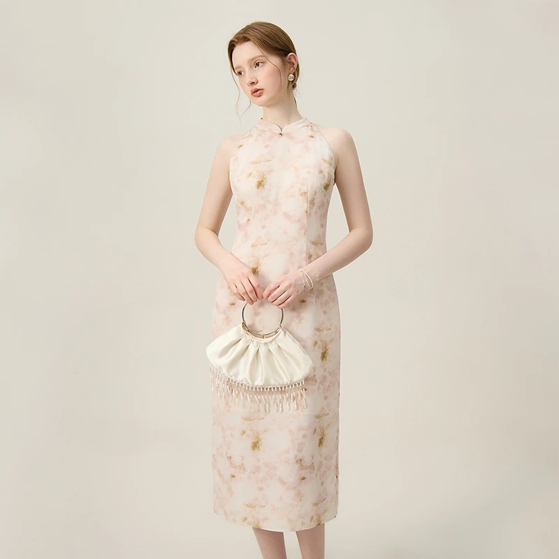 【两件套】新中式国风套装连衣裙女夏季无袖挂脖旗袍24FS12199