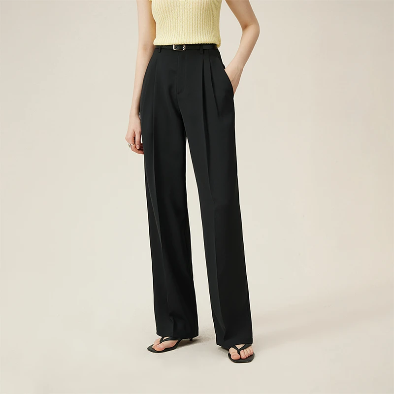 范思蓝恩连腰直筒百搭拖地裤2024夏新款高腰显瘦休闲裤24FS12102