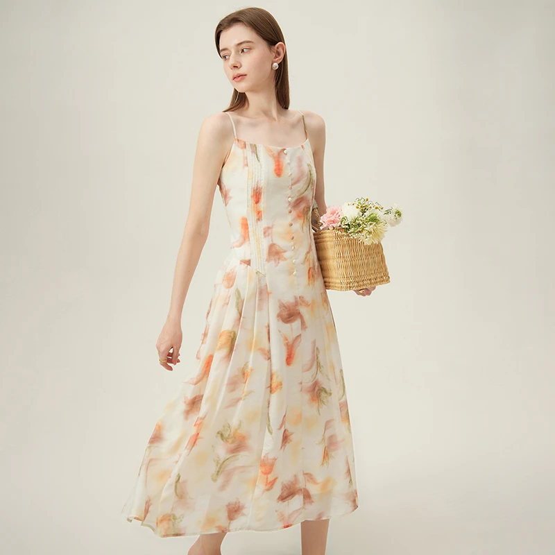范思蓝恩碎花吊带连衣裙女法式夏新款海边度假约会裙子24FS12222