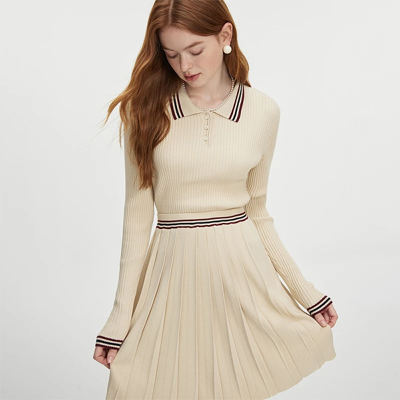 范思蓝恩美式复古撞色针织衫秋POLO衫百褶裙学院24FS13127/13128