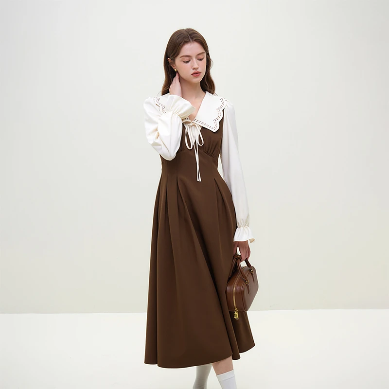 范思蓝恩法式翻领气质连衣裙子女撞色假两件黑色赫本风23FS14732