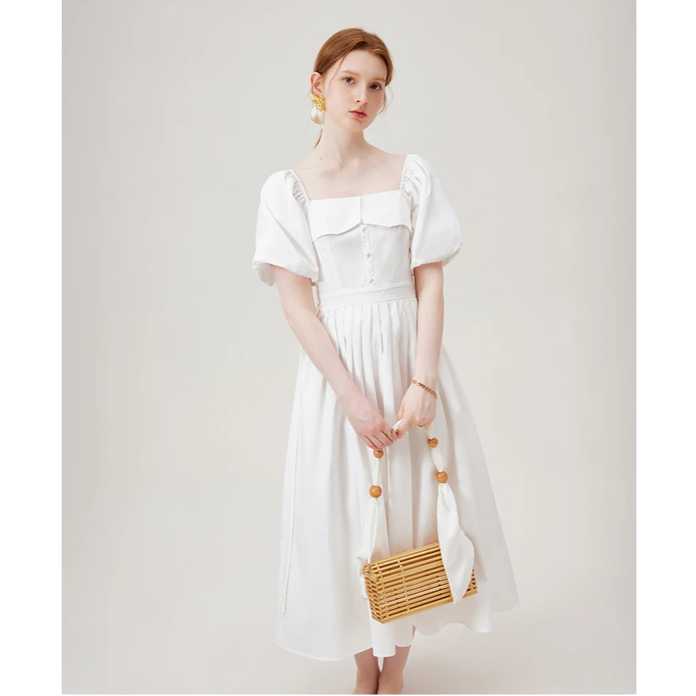 范思蓝恩法式气质甜美百褶设计感棉感连衣裙女夏季新款裙子18081