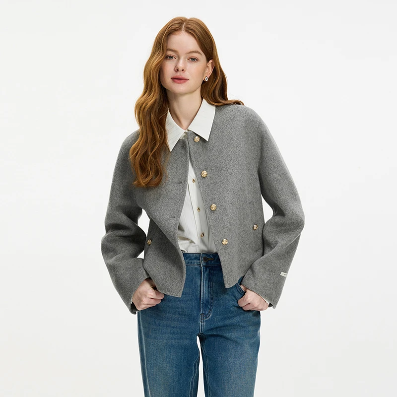 范思蓝恩秋冬2024新款宽松落肩毛呢灰色短款绵羊毛大衣24FS14221