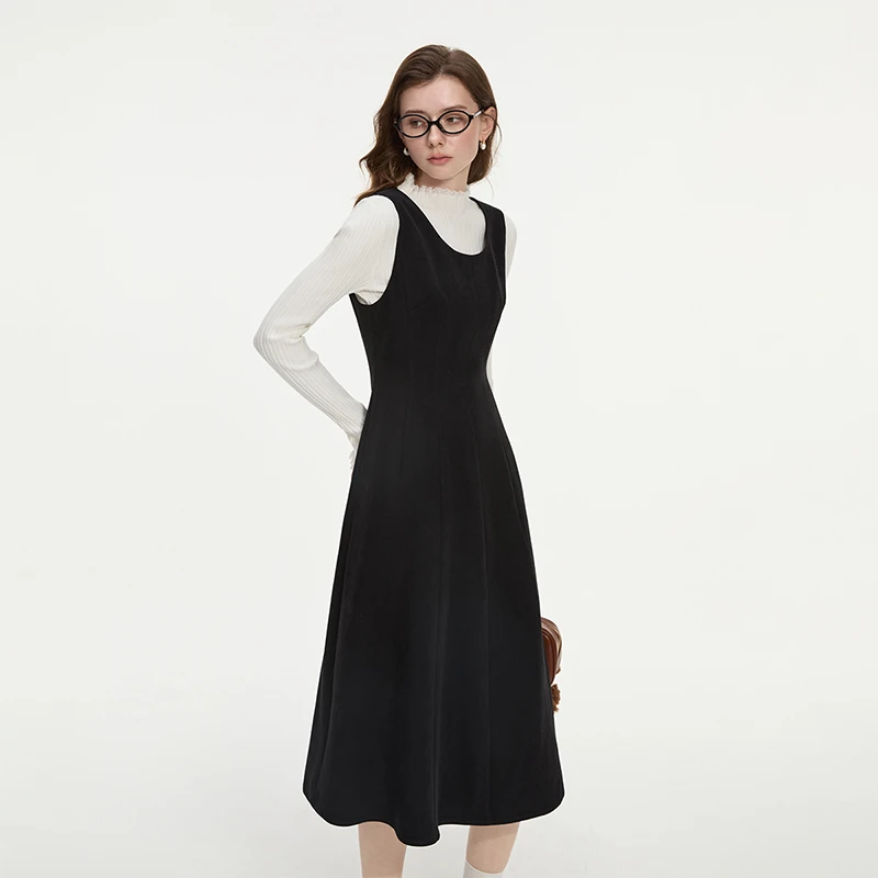 范思蓝恩黑色气质收腰无袖背心秋冬新款连衣裙24FS14518/14666