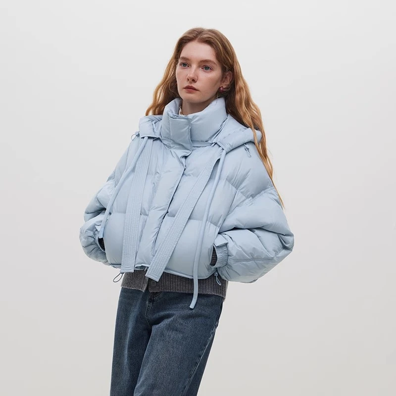 范思蓝恩时髦短款羽绒服冬季宽松蝙蝠袖连帽鹅绒服外套14453