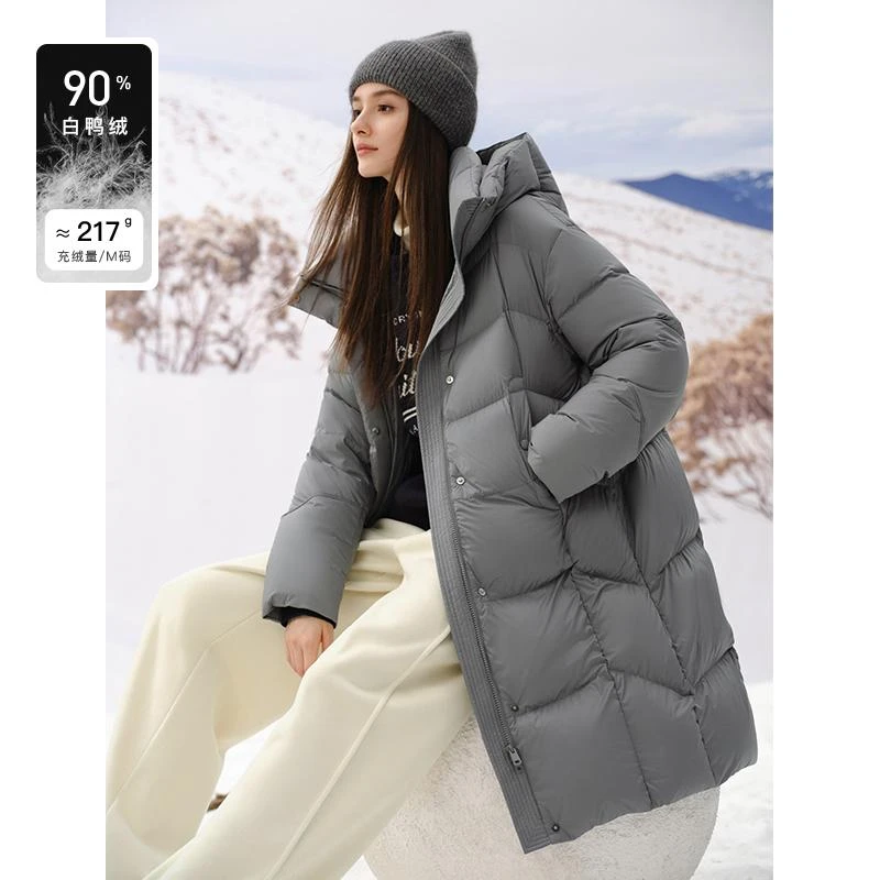 范思蓝恩气质休闲灰色时尚茧型连帽羽绒服冬季2024新款24FS14206