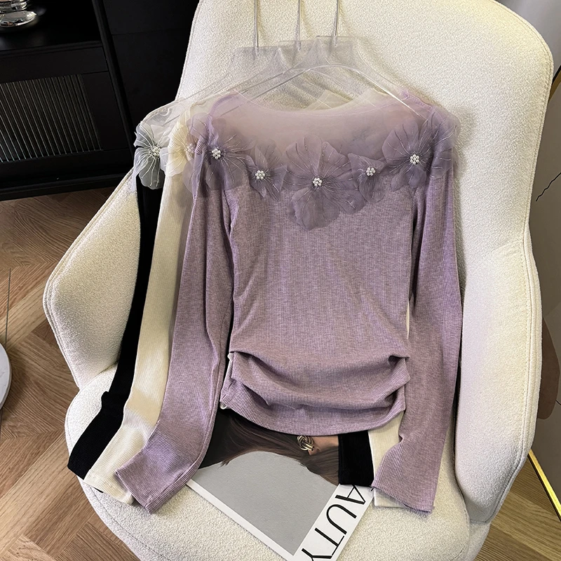 时尚气质百搭打底衫2025春季新款法式花边一字肩长袖修身显瘦上衣