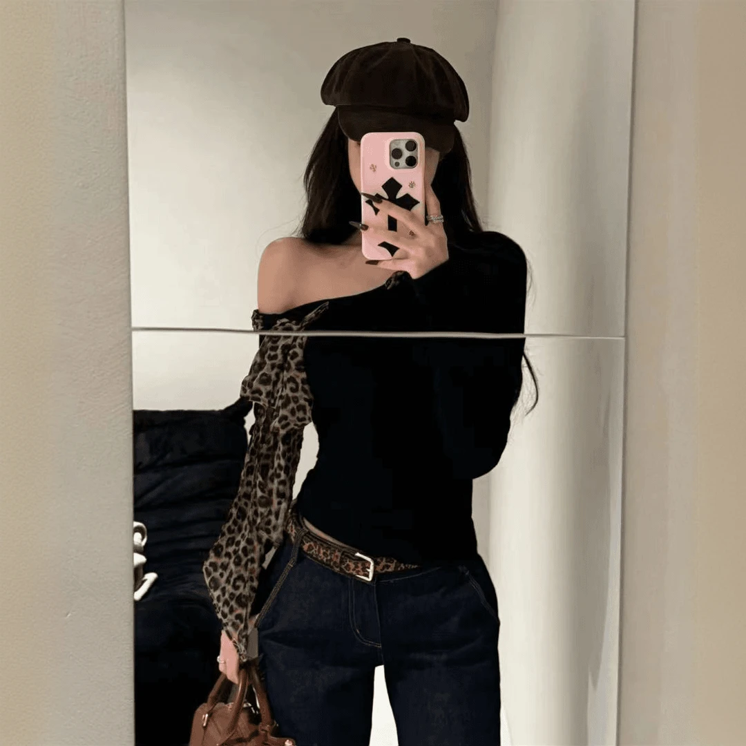 现货～早秋装复古豹纹丝巾大开领黑色斜肩长袖修身显瘦上衣