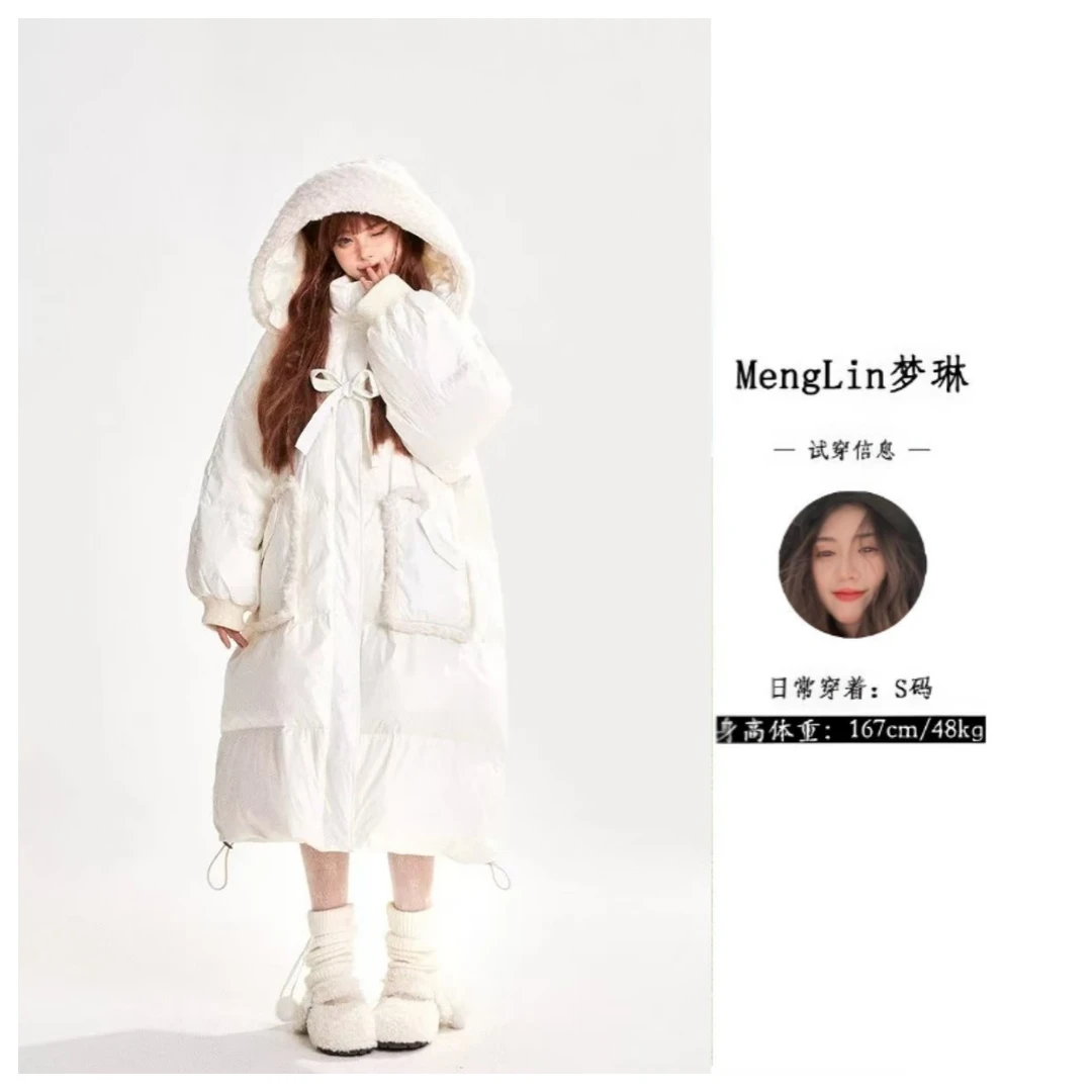 白色中长款棉服女冬季小个子设计感蝴蝶结保暖连帽外套8293