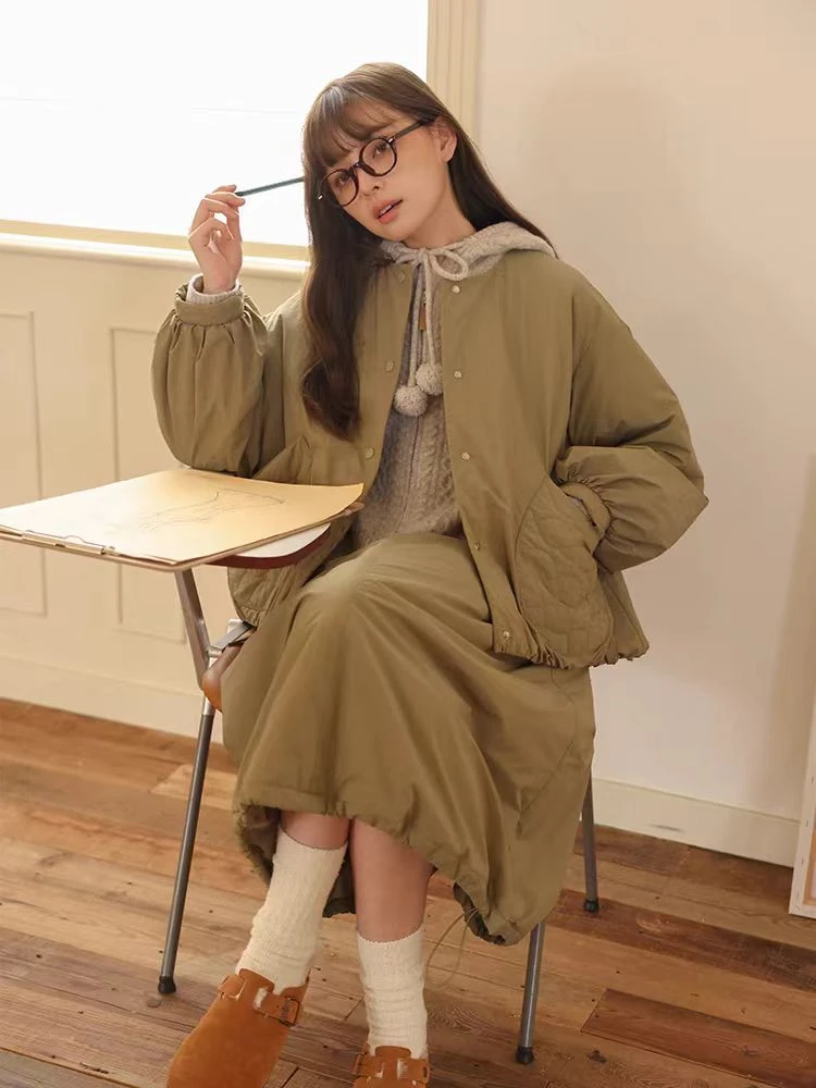 2025冬季新款百搭棉服外套女复古宽松保暖棉衣+半身裙三件套8260