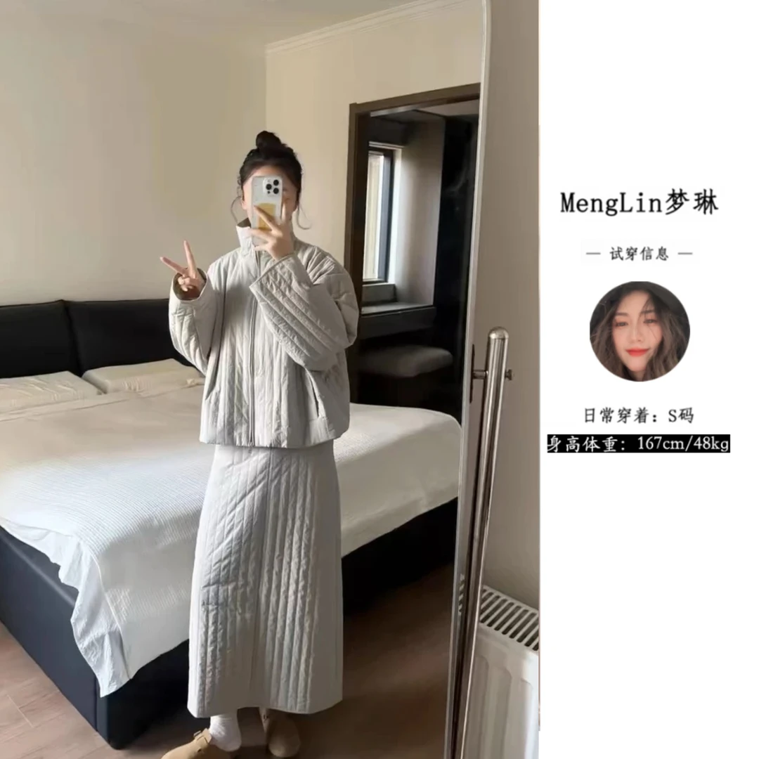 2024冬韩系简约休闲套装肌理感棉服外套+半身裙8252