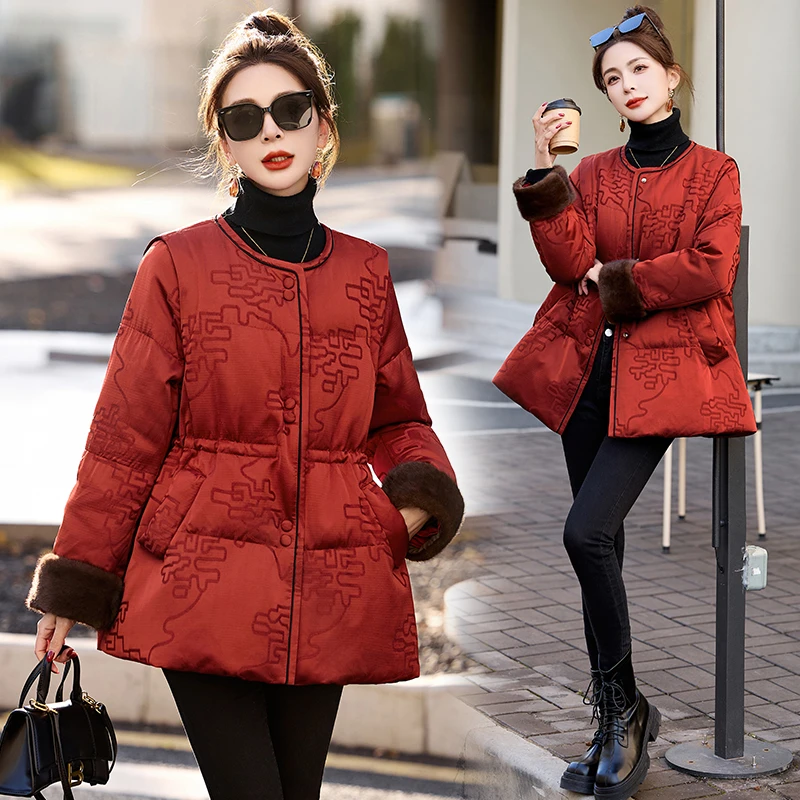 红色本命年衣服短款50白鸭绒羽绒服外套纯色新中式温婉大气衣服