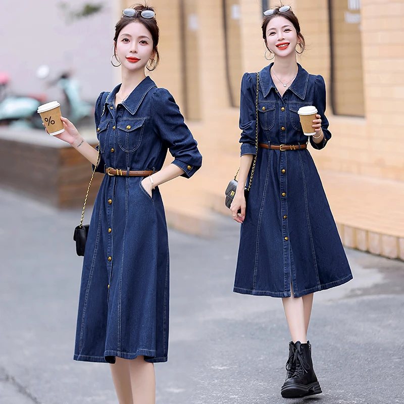 复古翻领牛仔长袖连衣裙女秋款爆款2025新款高腰修身显瘦气质长裙