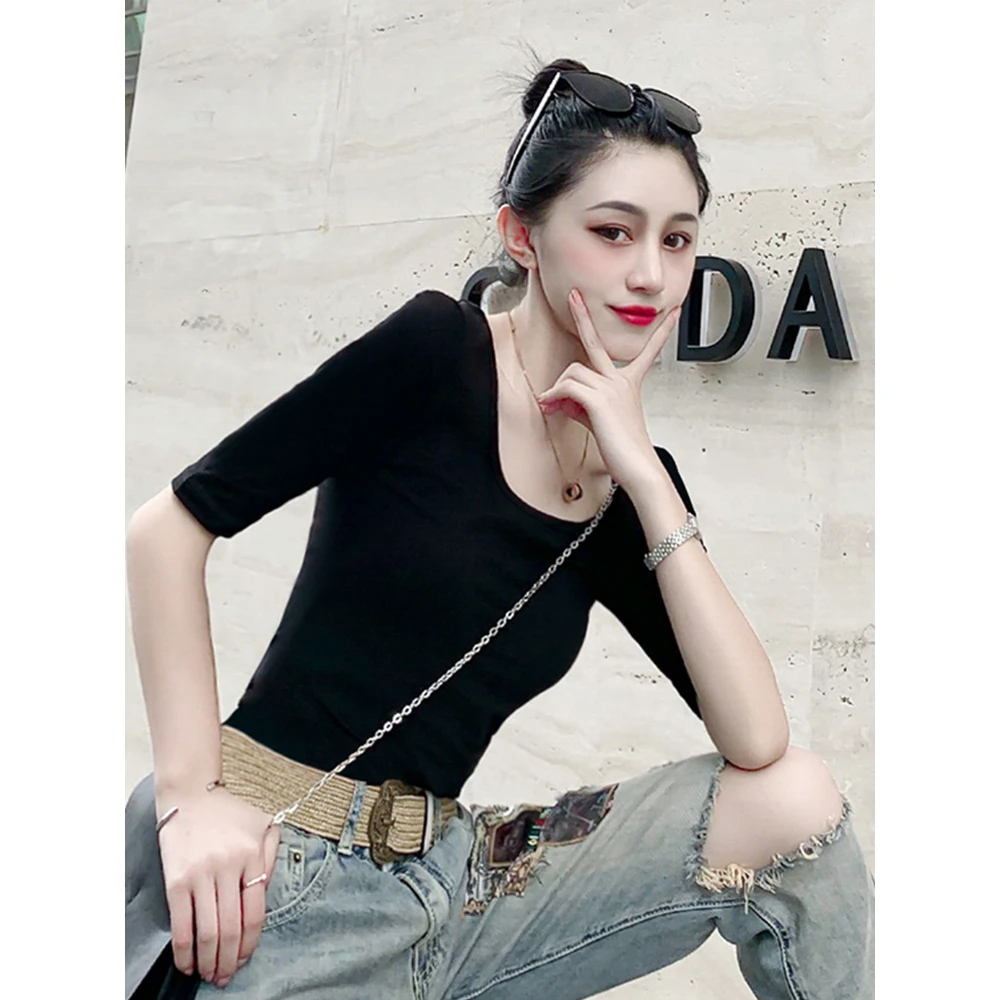 JS春秋黑色U领t恤打底衫女士修身内搭新款中袖露锁骨五分袖上衣A5