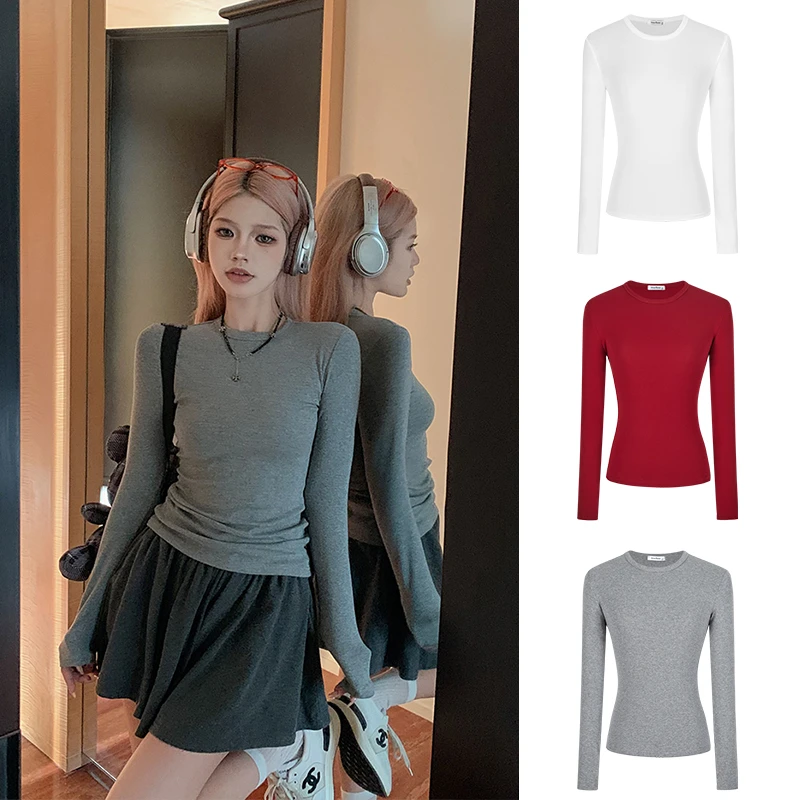 MX慵懒感长袖T恤女款早秋修身显瘦圆领性感气质百搭上衣打底衫A2