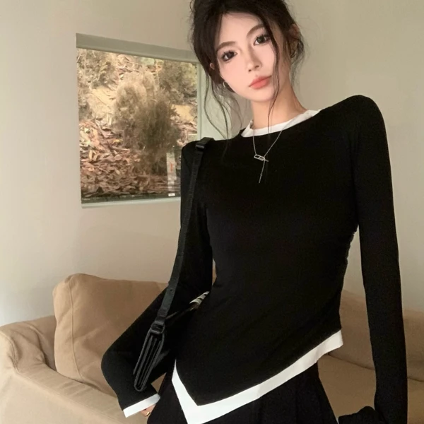 JS秋季圆领长袖t恤女撞色拼接不对称修身气质打底衫假两件上衣B2