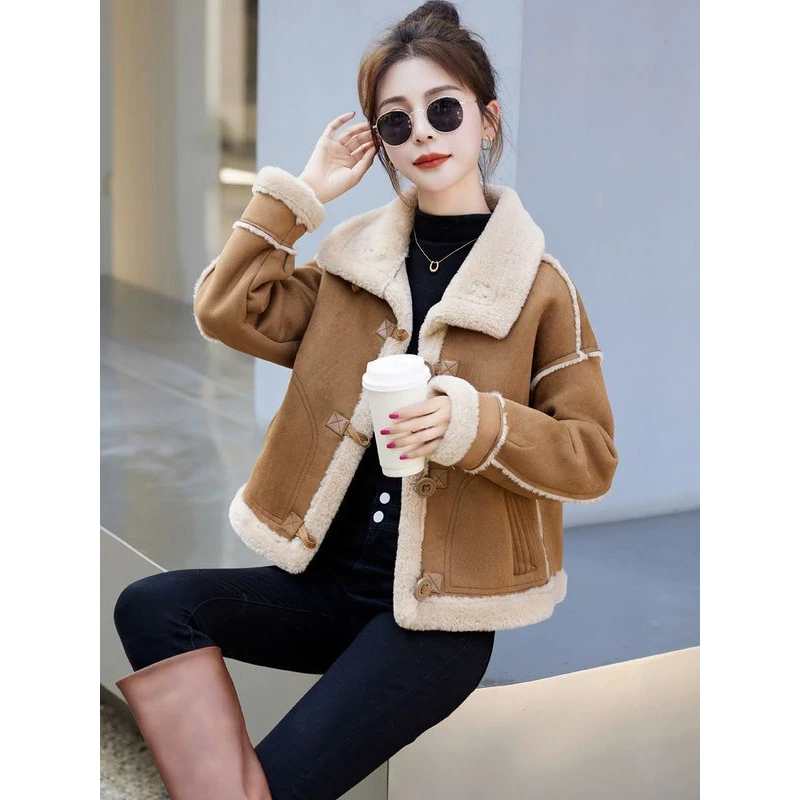 流行毛呢羊羔绒短外套女士冬季新款休闲加厚复古时尚皮毛一体上衣