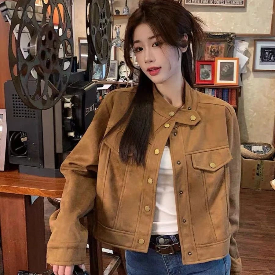 美拉德长袖夹克复古时髦外套女立领宽松显瘦百搭炸街工装上衣女士