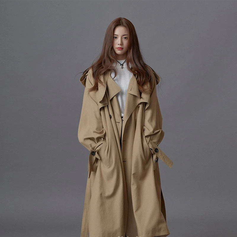 MEME线上商店韩国东大门新品宽松腰带肩袖女款风衣中长款大衣