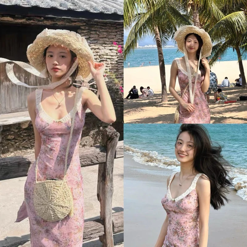 法式碎花吊带连衣裙女夏收腰长裙子沙滩裙海边度假裙
