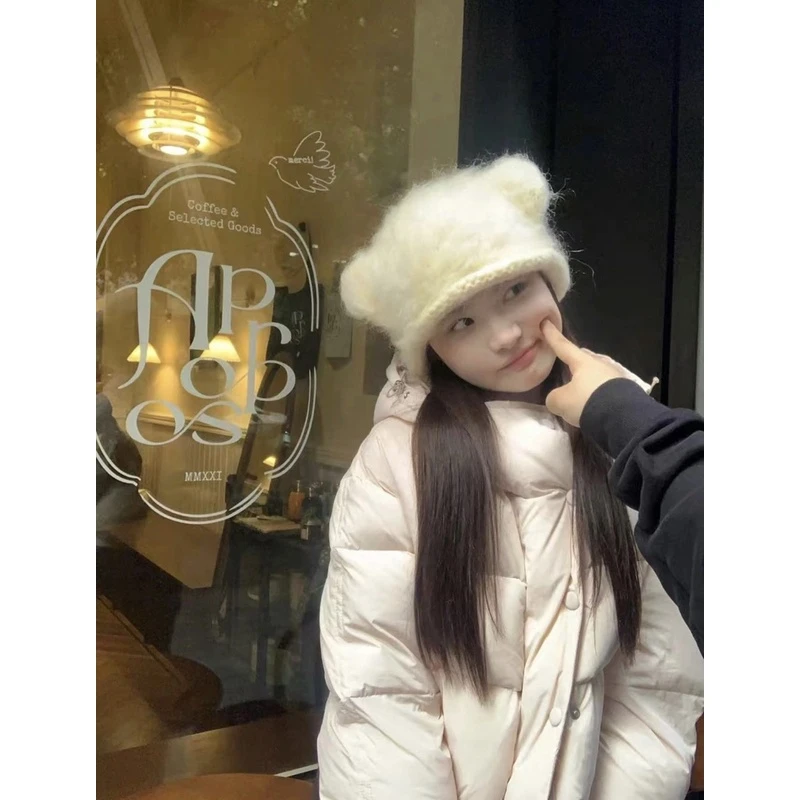 MEME吸吸同款小怪兽帽圆耳朵帽猫耳朵可爱毛绒绒帽子 冬日毛毛帽