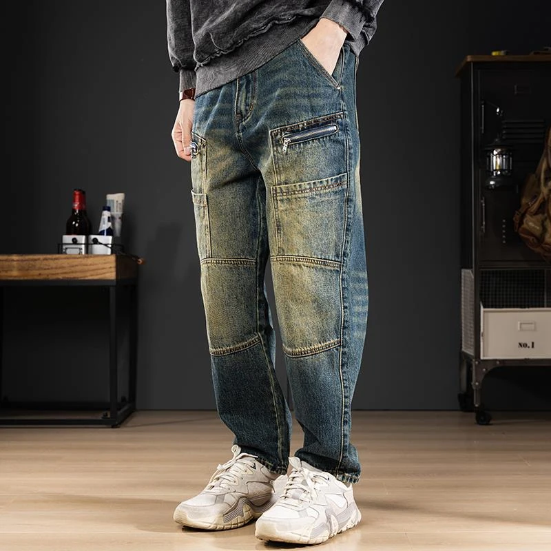 牛仔裤裤子潮流拼接工装裤重磅男士做旧休闲裤秋季直筒宽松复古