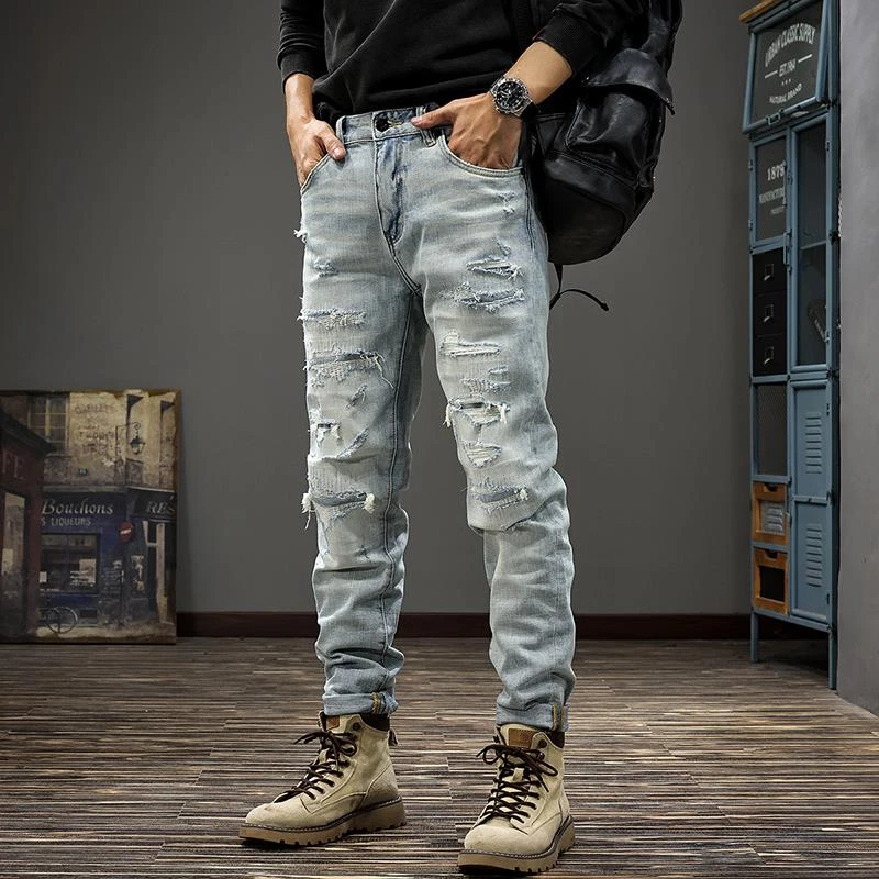 美式高街浅色破洞牛仔裤男秋冬新款潮牌水洗磨白乞丐裤修身小脚裤