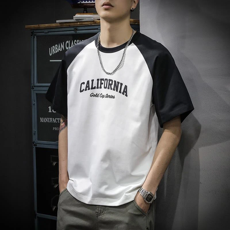 新款夏季休闲美式街头短袖t恤男宽松爆款ins撞色圆领男士插肩半袖