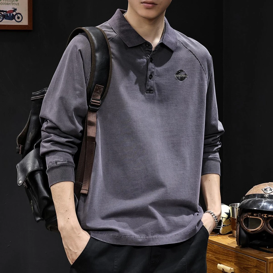 美式水洗潮牌POLO衫长袖t恤男秋冬季男士圆领爆款潮流ins宽松打底