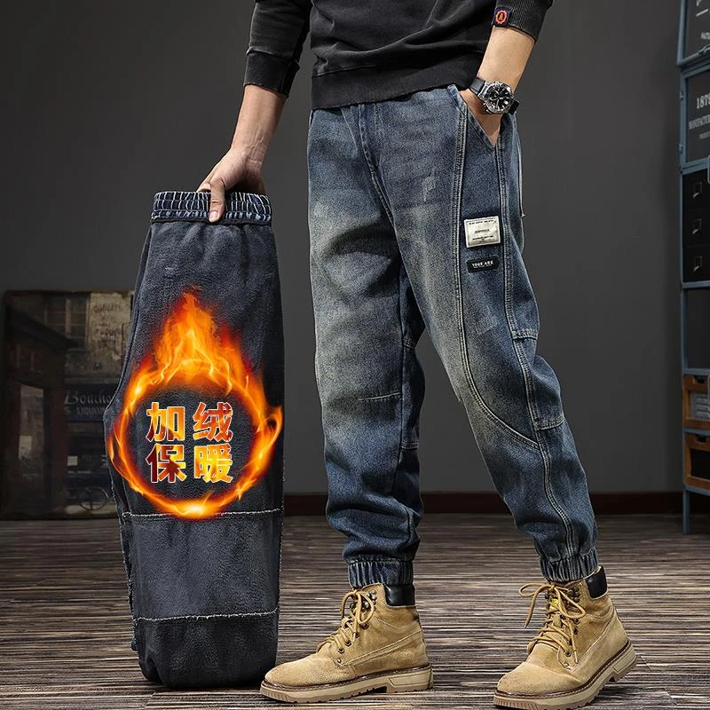 冬季新款美式重磅复古加绒男士牛仔裤潮牌休闲宽松爆款束脚工装裤