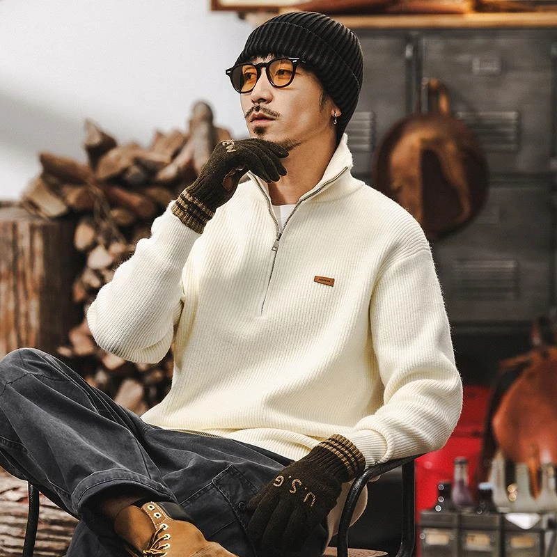 美式复古700g重磅毛衣男冬季2025新款半拉链高领针织衫男秋冬上衣