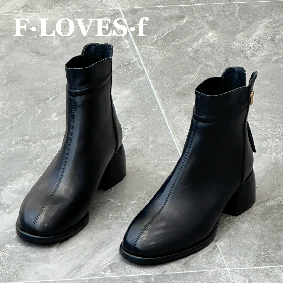 方爱芳女鞋时尚百搭粗跟短靴方头秋冬女靴