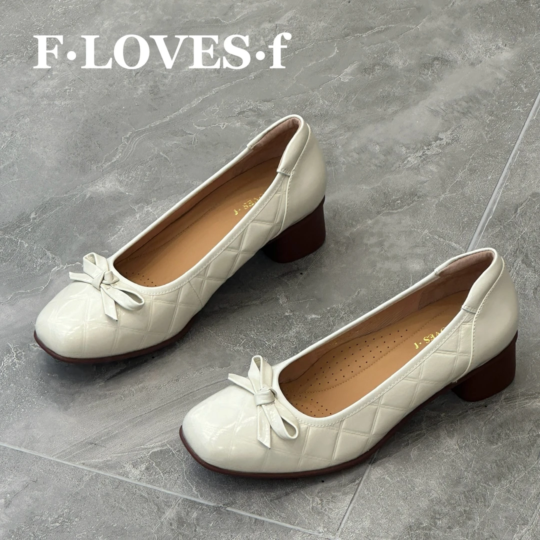 方爱芳女鞋牛皮舒适时尚休闲百搭软底粗跟方头浅口