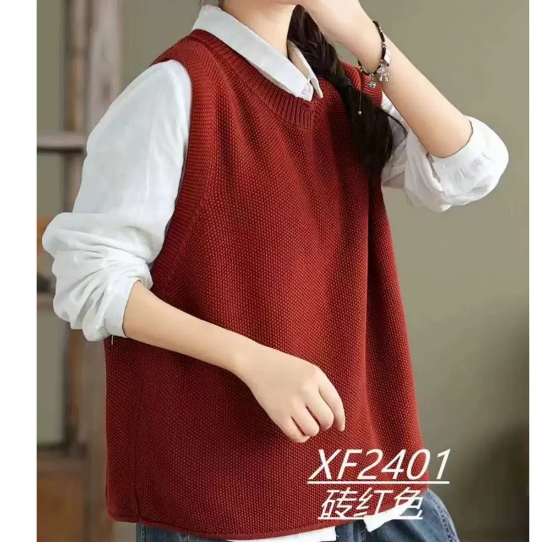 破洞圆领纯色百搭棉线套头马甲女2024春新无袖针织背心显瘦马夹