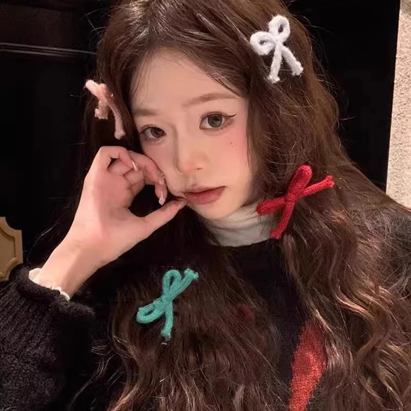 韩系糖果色蝴蝶结毛线发夹女可爱纯色针织刘海夹甜美彩色少女发饰