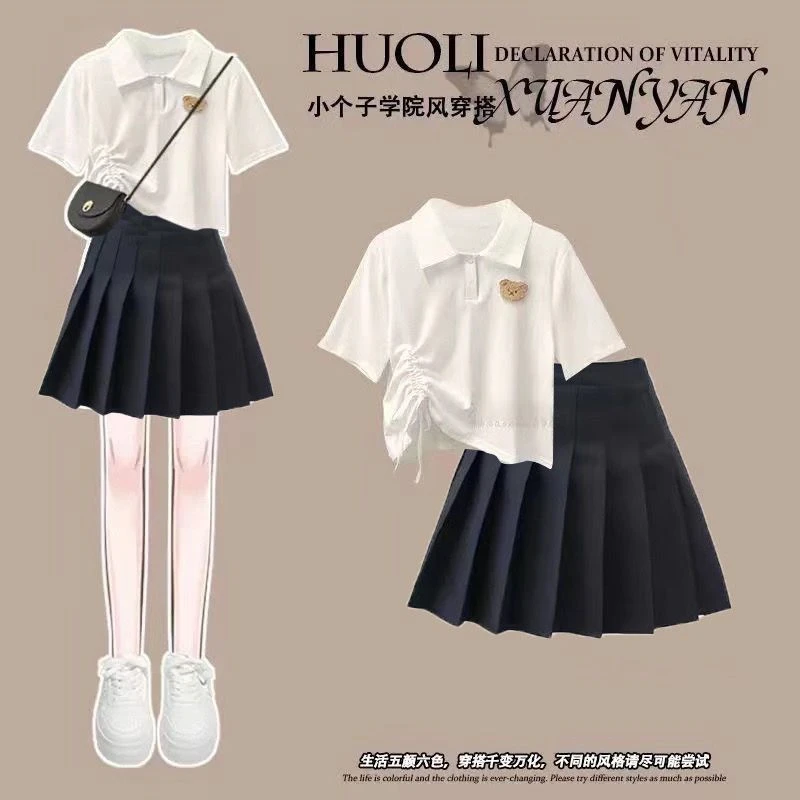 2024夏季中大童盐系套装宽时尚松学院风Polo领T恤+百褶裙两件套
