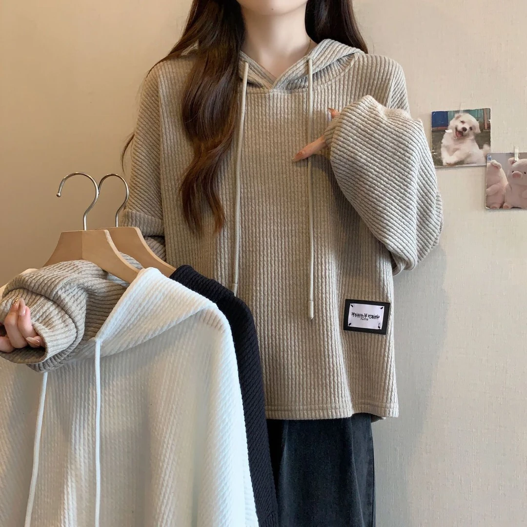 大码加厚坑条连帽长袖T恤女秋冬季新款宽松显瘦加绒保暖上衣女装