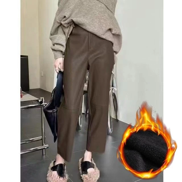 柔软舒适时尚宽松后腰松紧小直筒九分穿搭pu皮裤女美拉德休闲裤冬