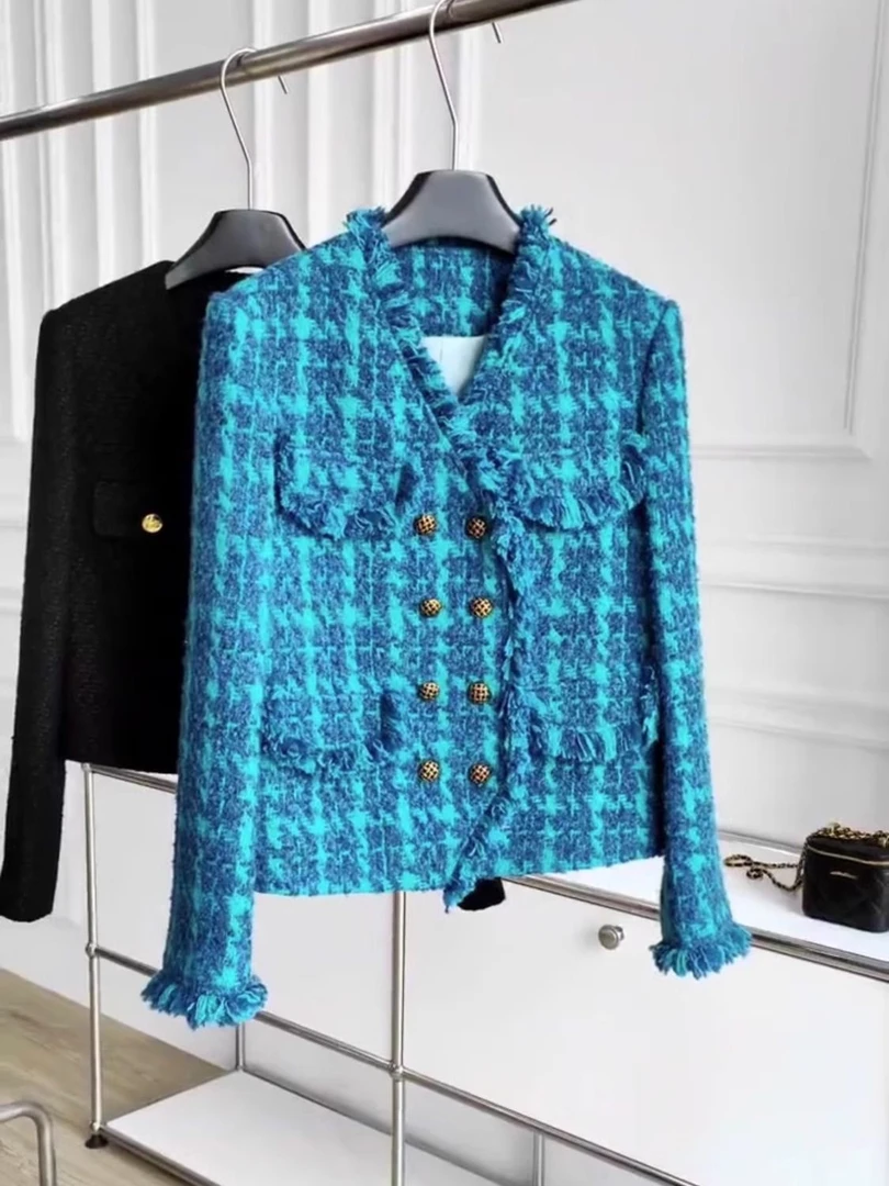 2369-法式复古蓝色V领小香风粗花呢名媛风流苏短外套