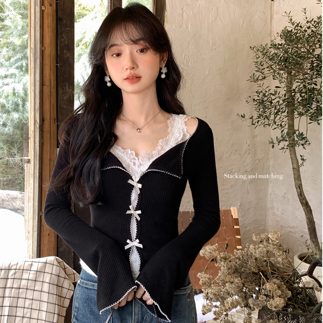 花栗鼠小姐 心动信号套装 甜欲一下~蝴蝶结开衫/蕾丝打底