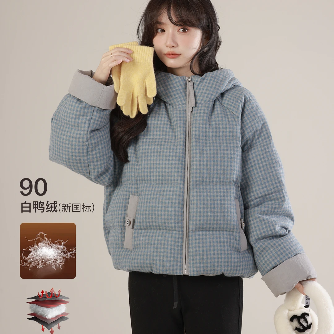 花栗鼠小姐 暖冬coco 韩系可爱的撞色格子~保暖羽绒服