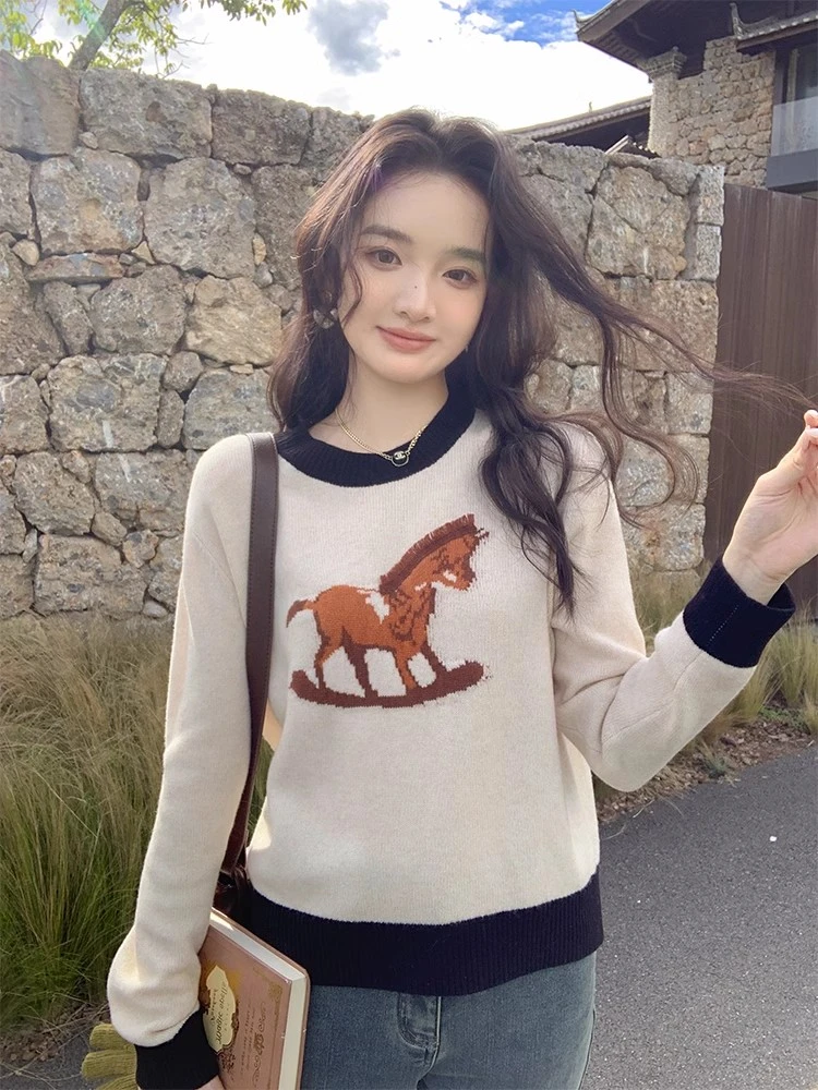 花栗鼠小姐 14周年庆  小马毛衣/优貭棉羊毛!趣味撞边宽松针织