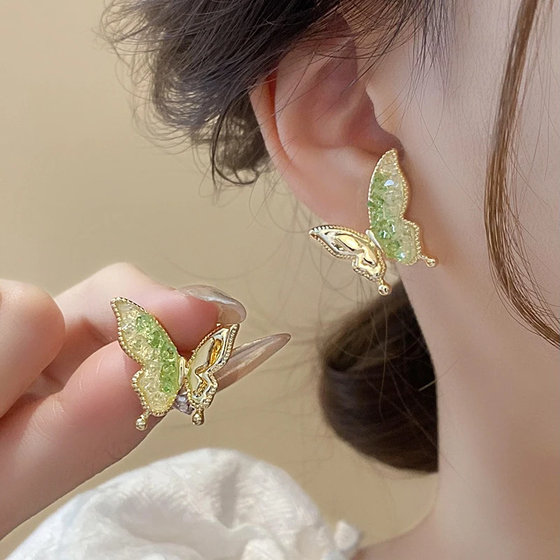 铜合金亚克力耳饰 清新轻奢蝴蝶百搭森系甜美气质碎钻渐变耳钉女1