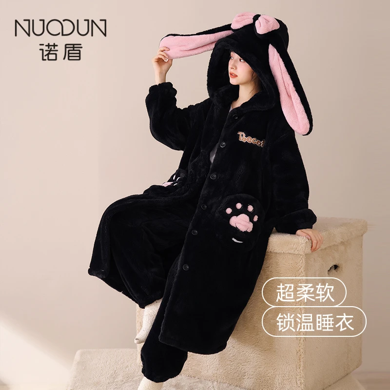诺盾秋冬睡袍女珊瑚绒睡袄卡通连帽加厚加绒2023年新款套装家居服