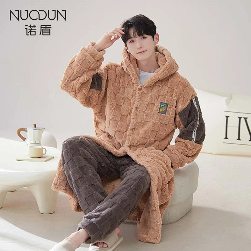 诺盾冬季高档睡袍男款爆款2023新款加绒加厚连帽可外穿家居服套装